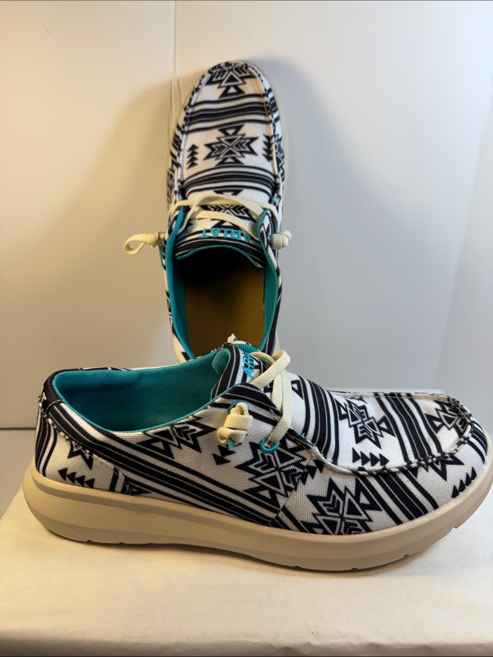 Ariat Black & White Patterned Slip-On Moccasins with Teal Lining